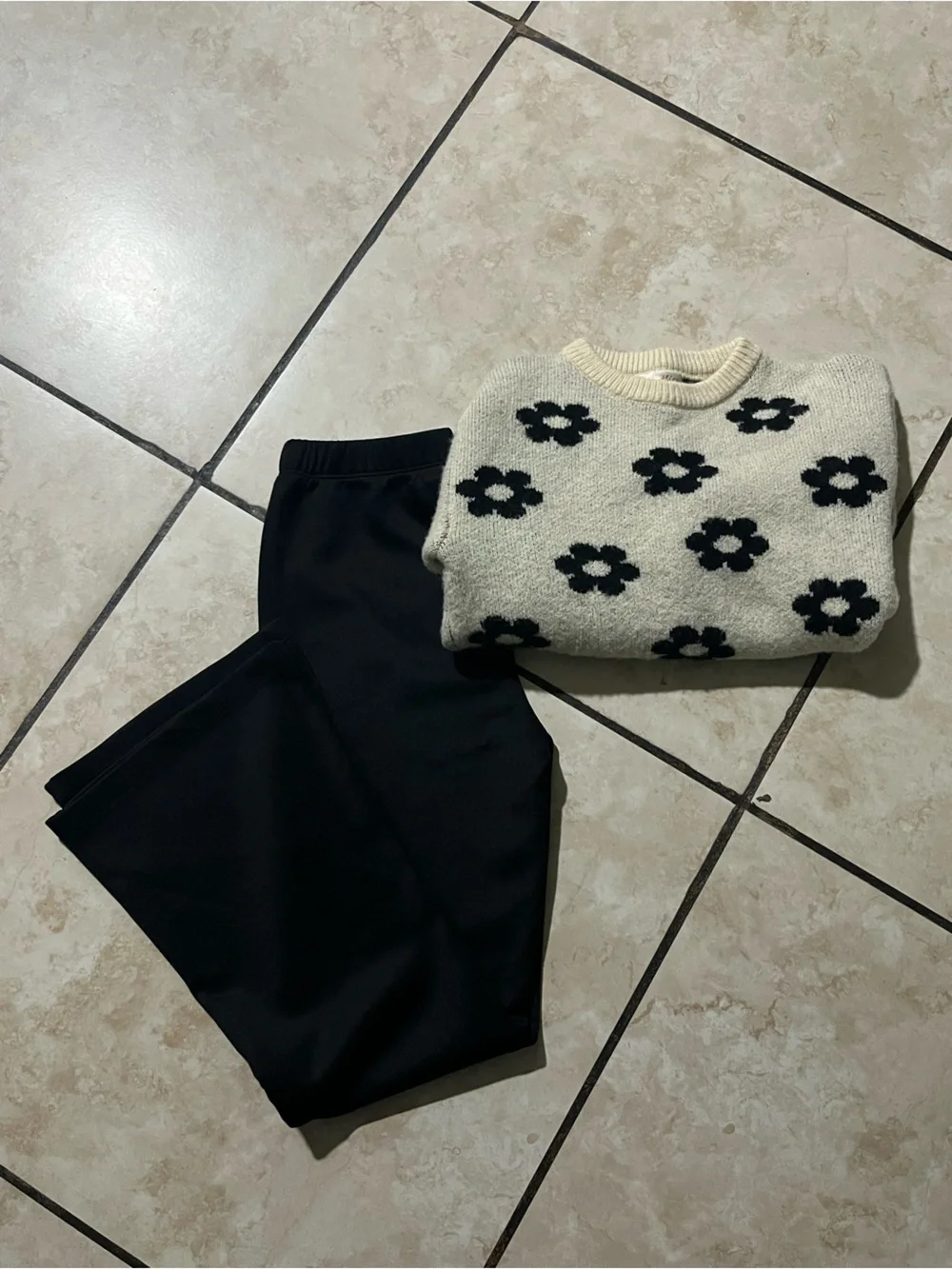 Kids Black Leggings Matching Set with Cream Floral Sweater
